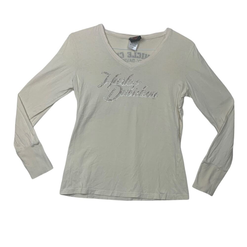 Harley Davidson womens large long sleeve v neck shirt bling gems tan offwhite